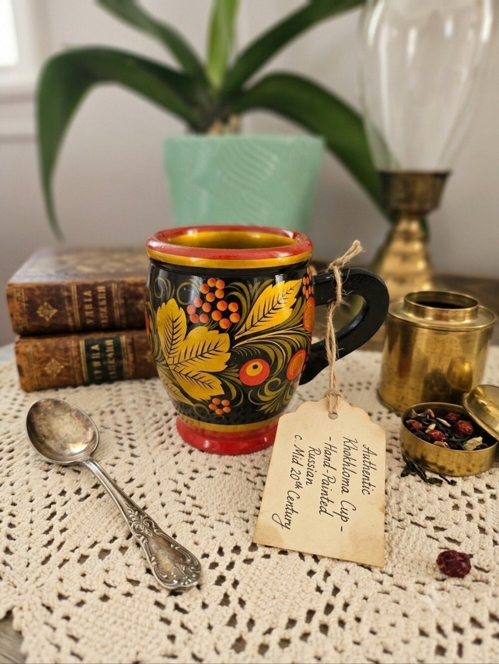 Vintage Khokhloma Russian Folk Art Hand-Painted Wooden Mug